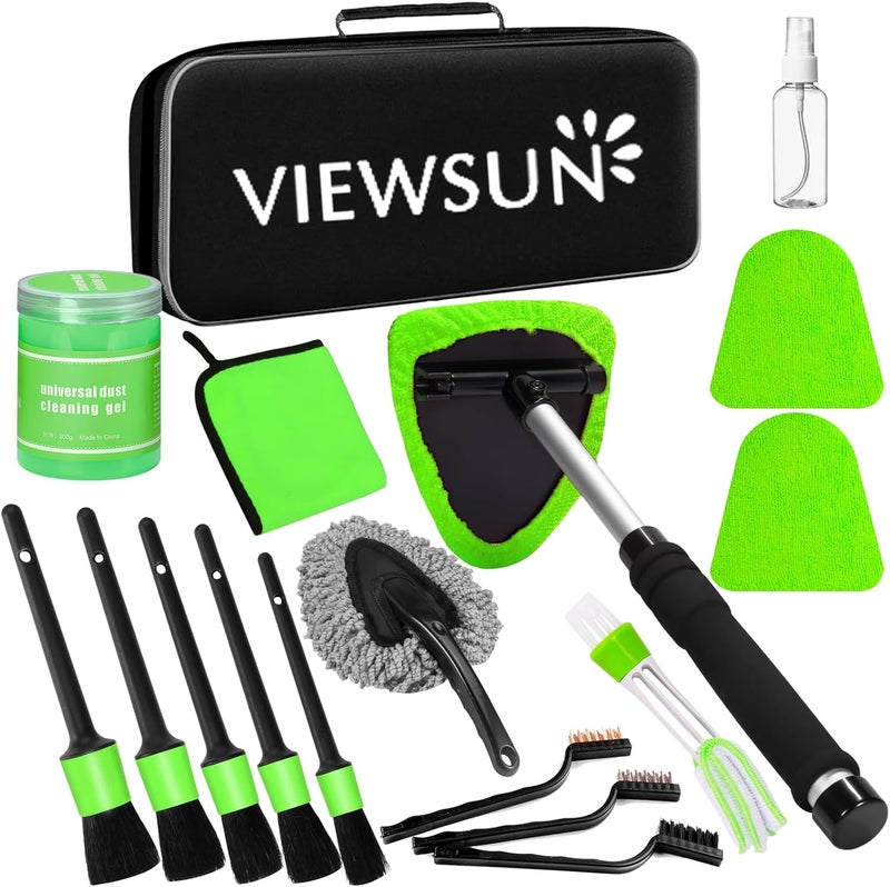 Viewsun Green Windshield Cleaner Tool, 17Pcs Car Interior Cleaning Kit, Detailing Kit Interior Cleaner, Car Detailing Brushes, Cleaning Gel, Inside Cleaning Accessories for Trucks, SUVs, RVs Window - Image 1